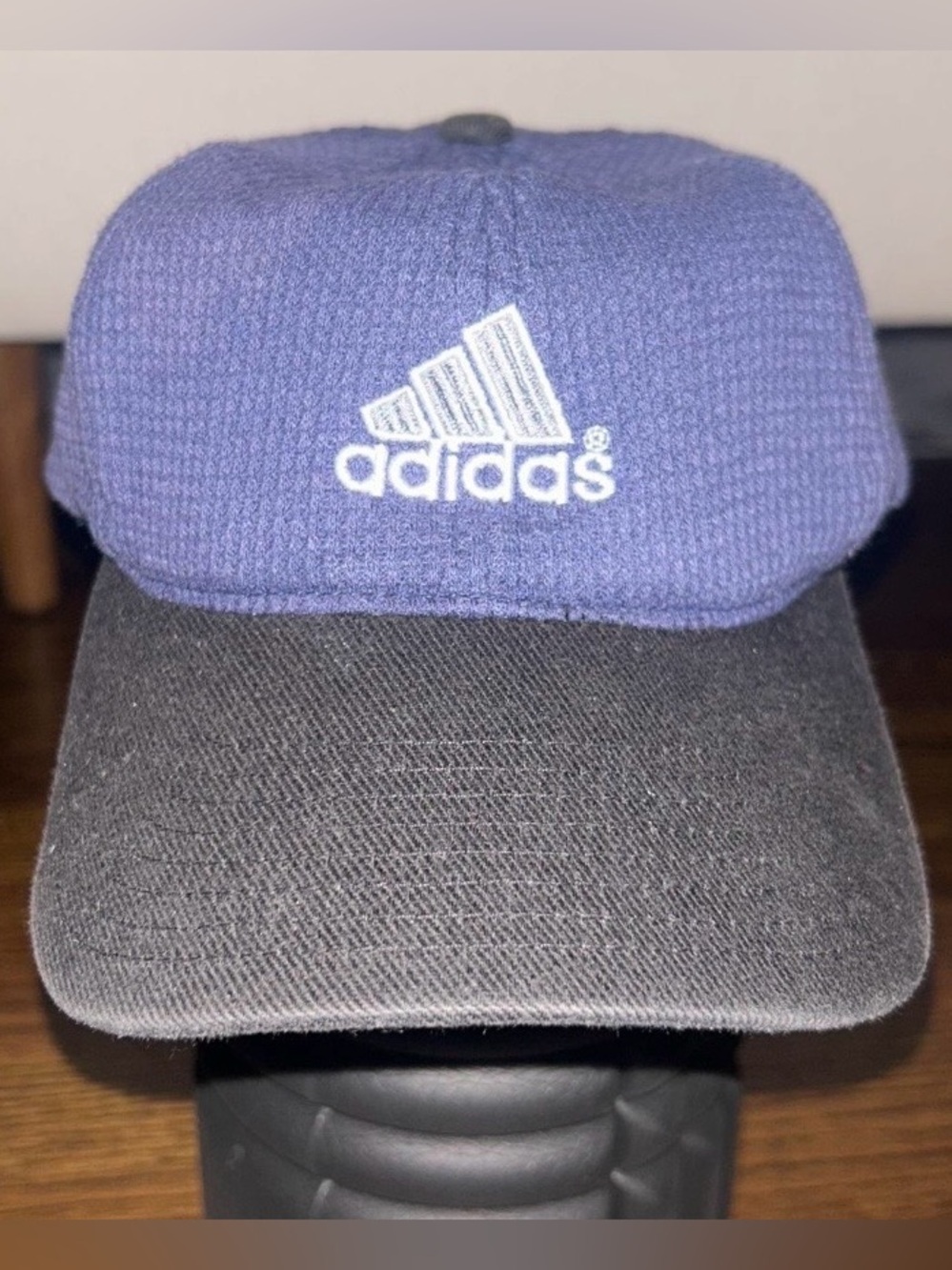 Mid 1990s Adidas Adjustable Blue and Black Vintage Lightly Sun Faded hat